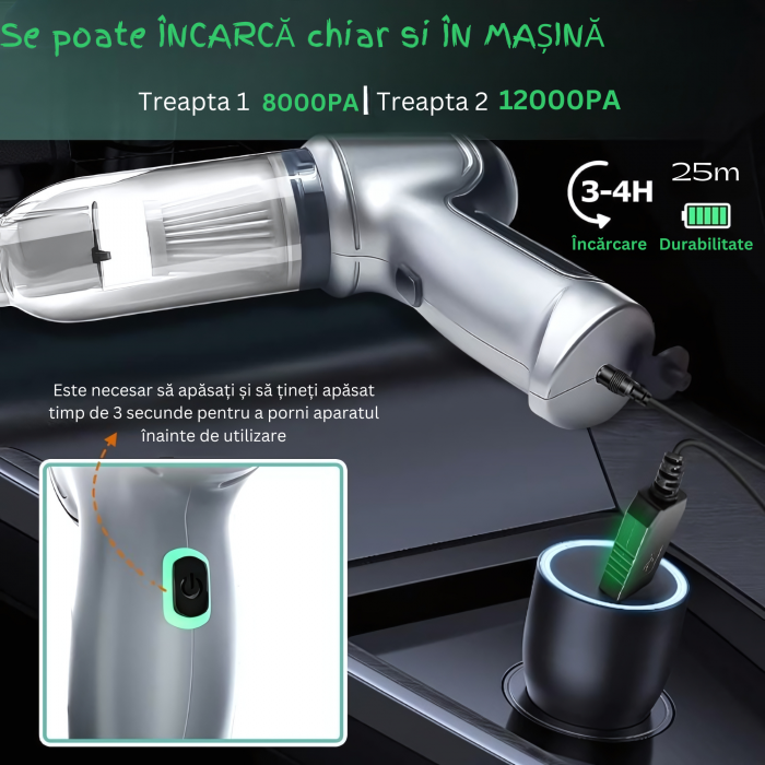 Aspirator de mana goBERA® Pro,3 in 1 portabil pentru Aspirare, Suflare, Sigilare, Tehnologie fara perii,2 viteze, Filtru HEPA, Senzor de incarcare/pornire,35500 Rpm,12000 Pa, Baterie 2x2000mAh, Utiliz [8]
