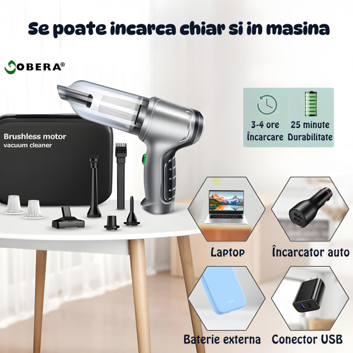 Aspirator de mana goBERA® Pro,3 in 1 portabil pentru Aspirare, Suflare, Sigilare, Tehnologie fara perii,2 viteze, Filtru HEPA, Senzor de incarcare/pornire,35500 Rpm,12000 Pa, Baterie 2x2000mAh, Utiliz [7]