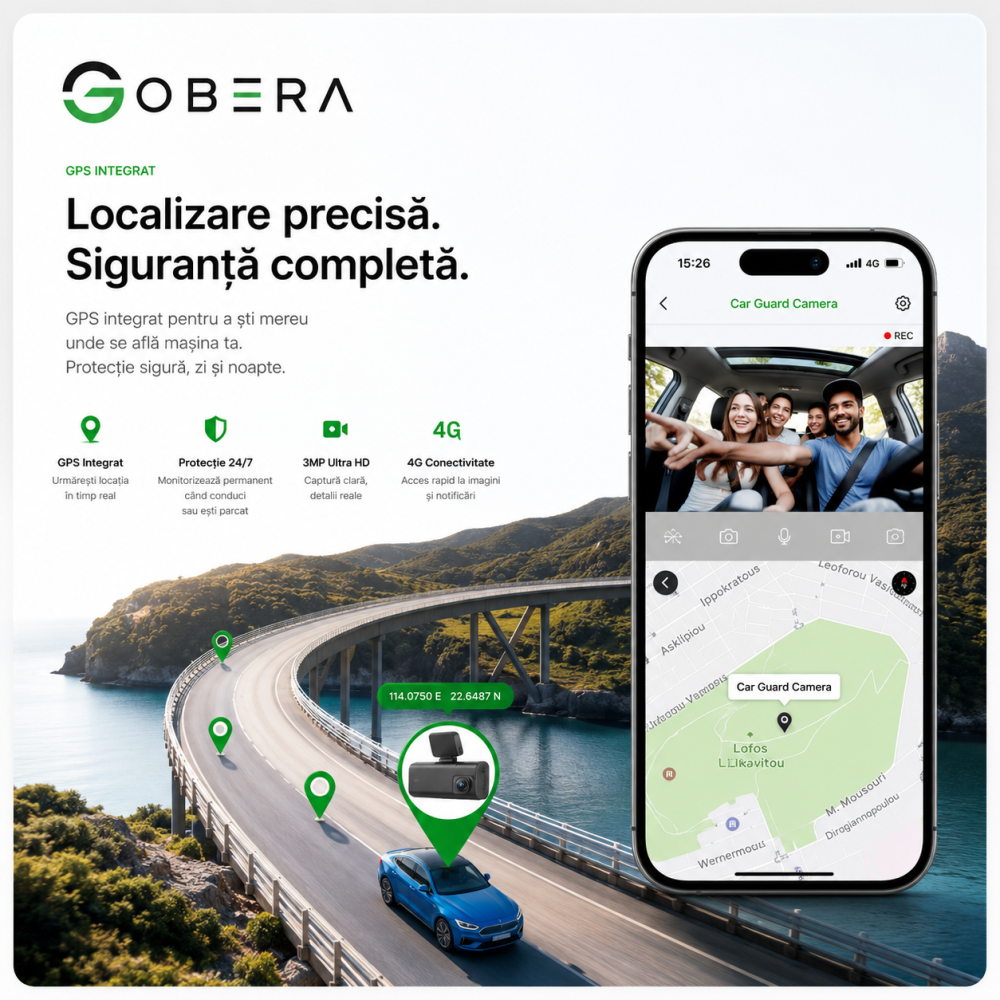 Camera auto de bord, Supraveghere parcare, 4G, GPS goBERA®, Dual Lens 3MP+3MP, Radar fata spate, OBD, Vedere nocturna, WiFi, Full HD, Monitorizare Parcare 24H, Aplicatie dedicata [3]
