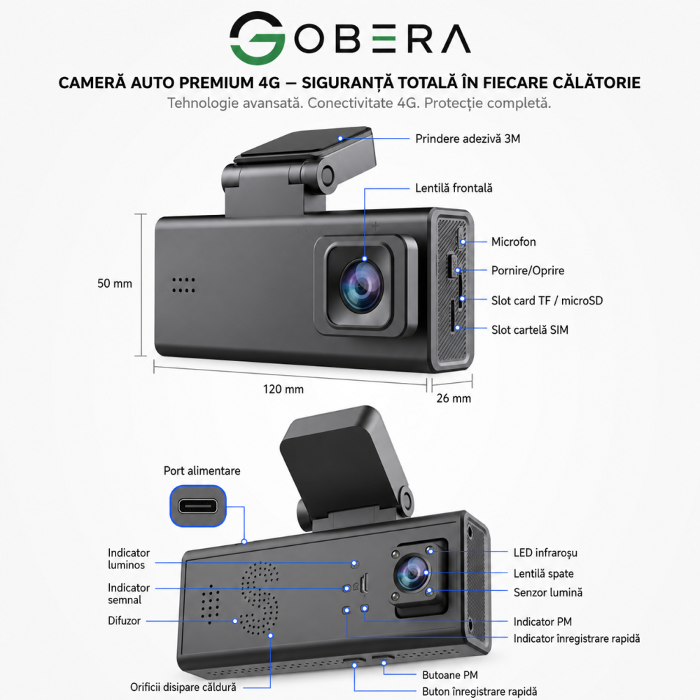 Camera auto de bord, Supraveghere parcare, 4G, GPS goBERA®, Dual Lens 3MP+3MP, Radar fata spate, OBD, Vedere nocturna, WiFi, Full HD, Monitorizare Parcare 24H, Aplicatie dedicata [13]