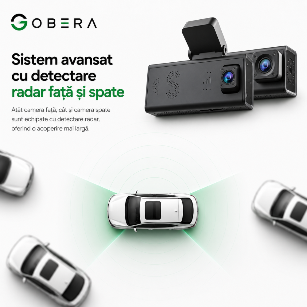 Camera auto de bord, Supraveghere parcare, 4G, GPS goBERA®, Dual Lens 3MP+3MP, Radar fata spate, OBD, Vedere nocturna, WiFi, Full HD, Monitorizare Parcare 24H, Aplicatie dedicata [12]