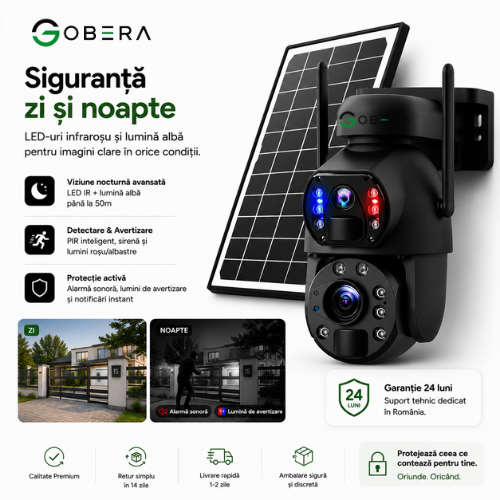Camera de supraveghere 4G goBERA® cu Cartela SIM, Panou Solar 6W, Zoom Optic 20X, Lentile Duale, Auto Tracking, PTZ 355°, 6MP (3MP+3MP), Baterie 12000 mAh [8]