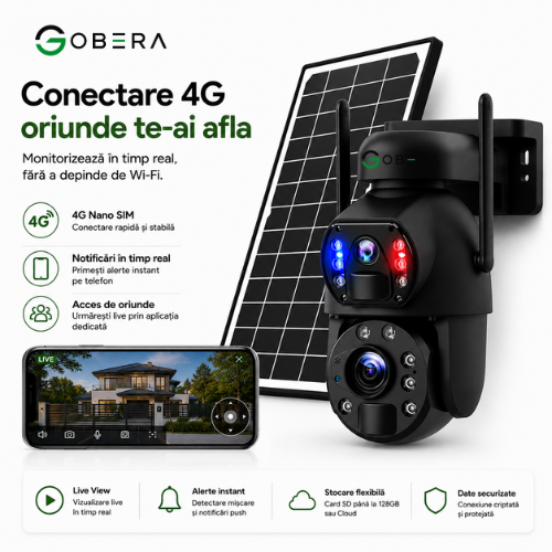 Camera de supraveghere 4G goBERA® cu Cartela SIM, Panou Solar 6W, Zoom Optic 20X, Lentile Duale, Auto Tracking, PTZ 355°, 6MP (3MP+3MP), Baterie 12000 mAh [6]