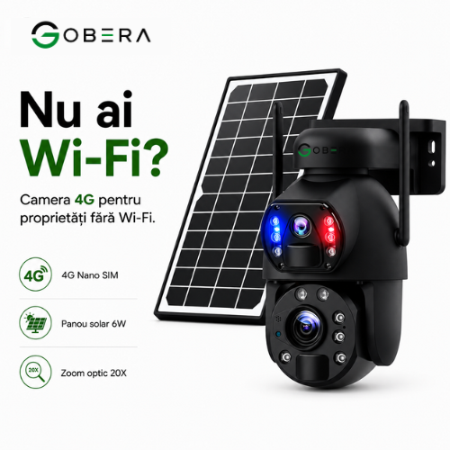 Camera de supraveghere 4G goBERA® cu Cartela SIM, Panou Solar 6W, Zoom Optic 20X, Lentile Duale, Auto Tracking, PTZ 355°, 6MP (3MP+3MP), Baterie 12000 mAh [2]