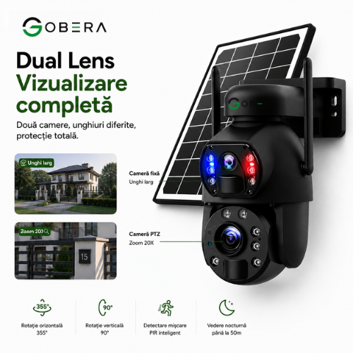 Camera de supraveghere 4G goBERA® cu Cartela SIM, Panou Solar 6W, Zoom Optic 20X, Lentile Duale, Auto Tracking, PTZ 355°, 6MP (3MP+3MP), Baterie 12000 mAh [5]