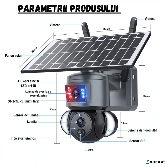 Camera de supraveghere goBERA® 3MP+3MP Ultra HD, WIFI, Panou Solar de 6W inclus, IP 66, Acumulator incorporat 12000mah, Lentile Duale, PTZ Bullet, Rotire 355°, Alarma, Night Vision Color, Microfon Inc [9]
