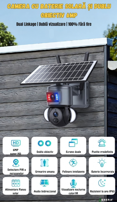 Camera de supraveghere goBERA® 3MP+3MP Ultra HD, WIFI, Panou Solar de 6W inclus, IP 66, Acumulator incorporat 12000mah, Lentile Duale, PTZ Bullet, Rotire 355°, Alarma, Night Vision Color, Microfon Inc [4]