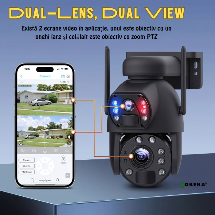 Camera de supraveghere goBERA® 3MPx+3MPx, Conexiune4G, Zoom Optic 20x, Panou Solar 6W, Acumulatori 12000 mAh, PTZ Bullet, Lentile Duale, Auto Tracking, Rotire 355°,10 Leduri, Senzori miscare IR 50m [13]