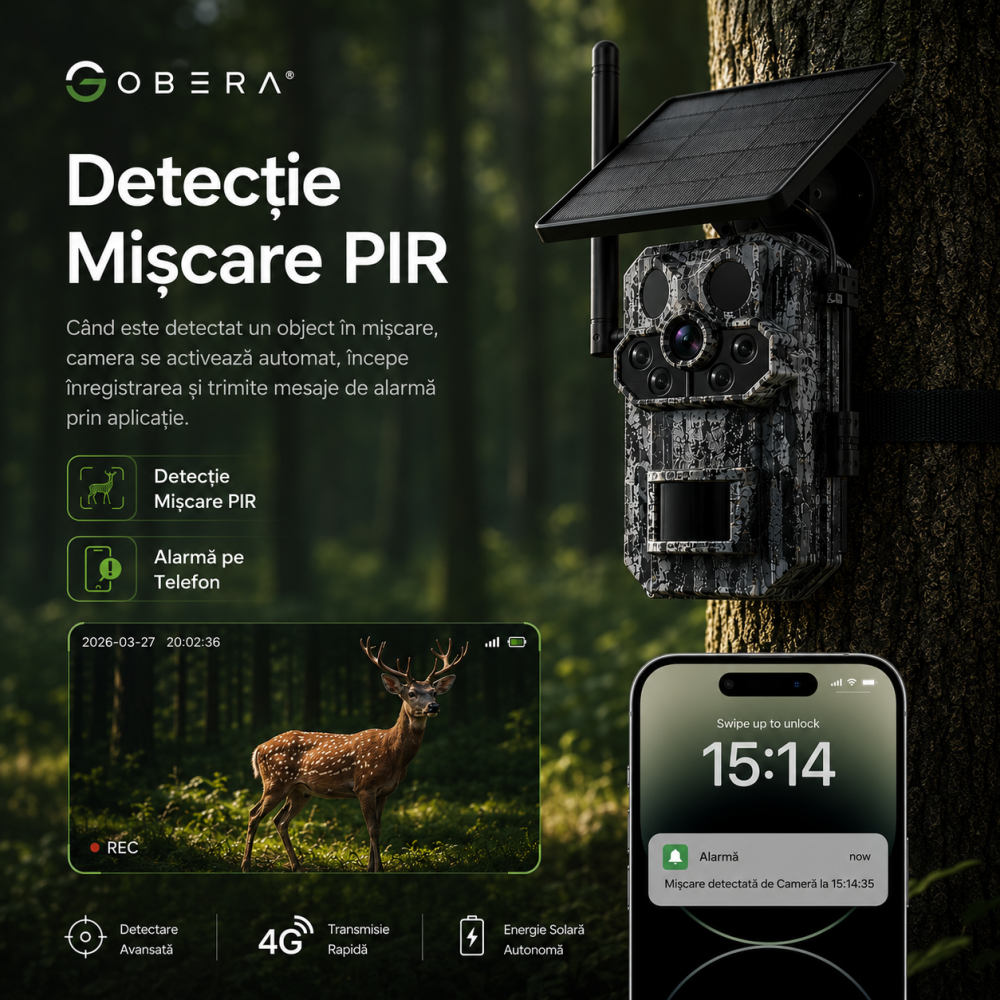 Camera de supraveghere goBERA® Solara 4G, 3MP HD, Panou Solar 6W, Baterie 7800mAh, Detectare PIR Tripla, Recunoastere Animala, Audio Bidirectional, GPS, Full Color Night Vision, Stocare TF/Cloud [7]