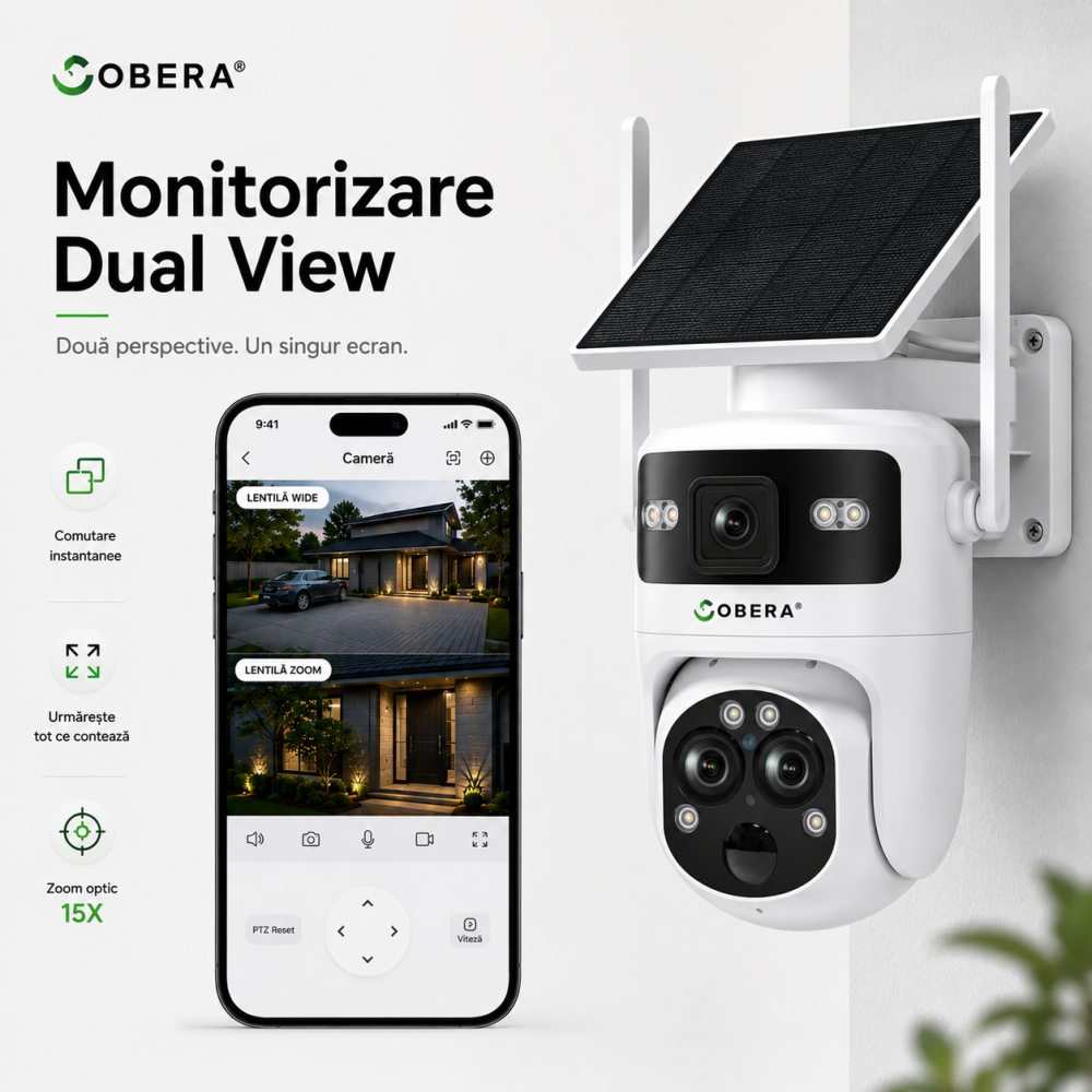 Camera de Supraveghere Solara cu 3 Lentile goBERA®️, Zoom Hibrid 15X, 4G, Panou Solar 5W, Baterie 7800mAh, IR + LED, Viziune Nocturna Color, PTZ 350°/90°, Detectare Umana si Tracking AI [6]