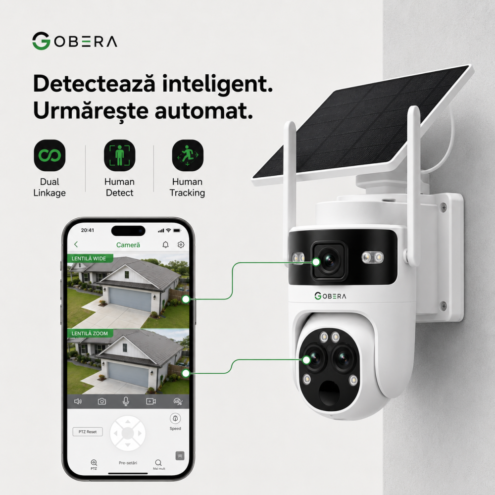 Camera de Supraveghere Solara cu 3 Lentile goBERA®️, Zoom Hibrid 15X, 4G, Panou Solar 5W, Baterie 7800mAh, IR + LED, Viziune Nocturna Color, PTZ 350°/90°, Detectare Umana si Tracking AI [5]