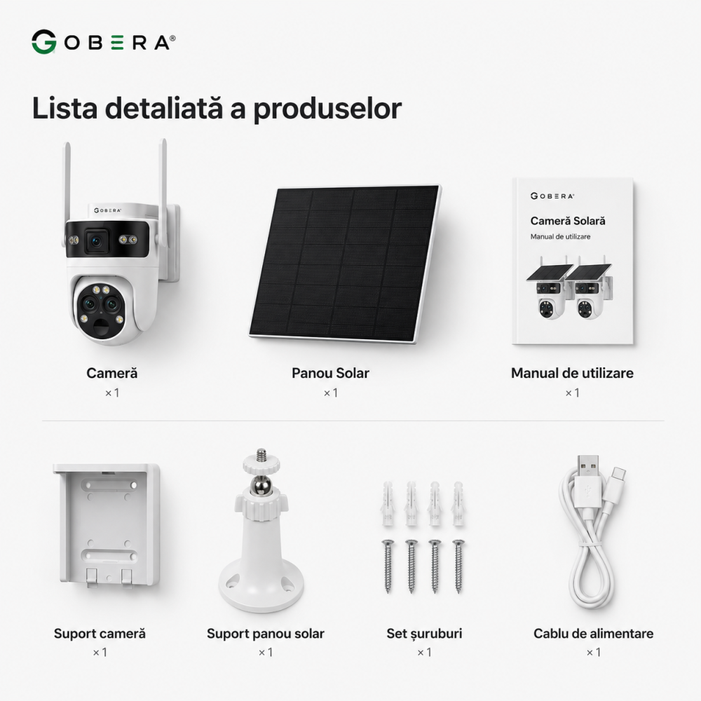 Camera de Supraveghere Solara cu 3 Lentile goBERA®️, Zoom Hibrid 15X, 4G, Panou Solar 5W, Baterie 7800mAh, IR + LED, Viziune Nocturna Color, PTZ 350°/90°, Detectare Umana si Tracking AI [14]