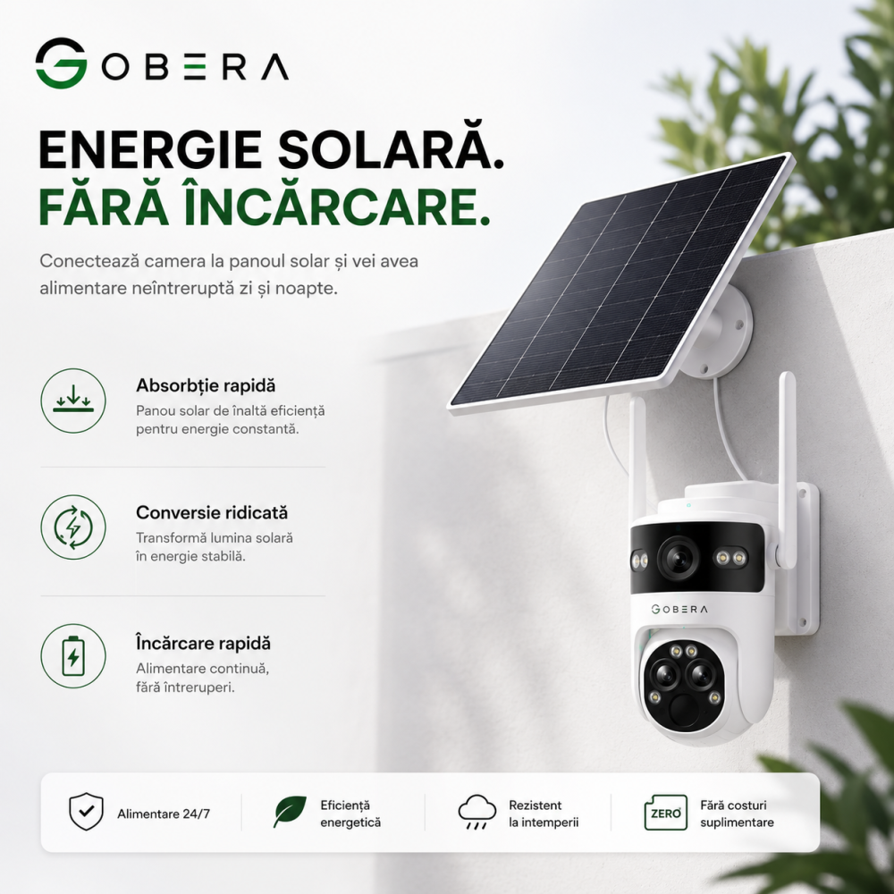 Camera de Supraveghere Solara cu 3 Lentile goBERA®️, Zoom Hibrid 15X, 4G, Panou Solar 5W, Baterie 7800mAh, IR + LED, Viziune Nocturna Color, PTZ 350°/90°, Detectare Umana si Tracking AI [9]
