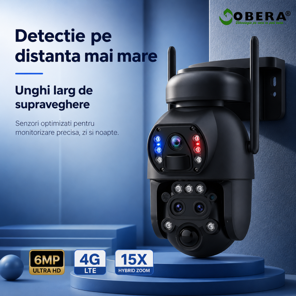 Camera de Supraveghere Solara cu 3 Lentile goBERA®️, Zoom Hibrid 15X, 4G, Panou Solar 6W, Baterie 12000mAh, IR + LED, Viziune Nocturna Color, PTZ 350°/90°, Detectare Umana si Tracking, Audio Bidirecti [4]