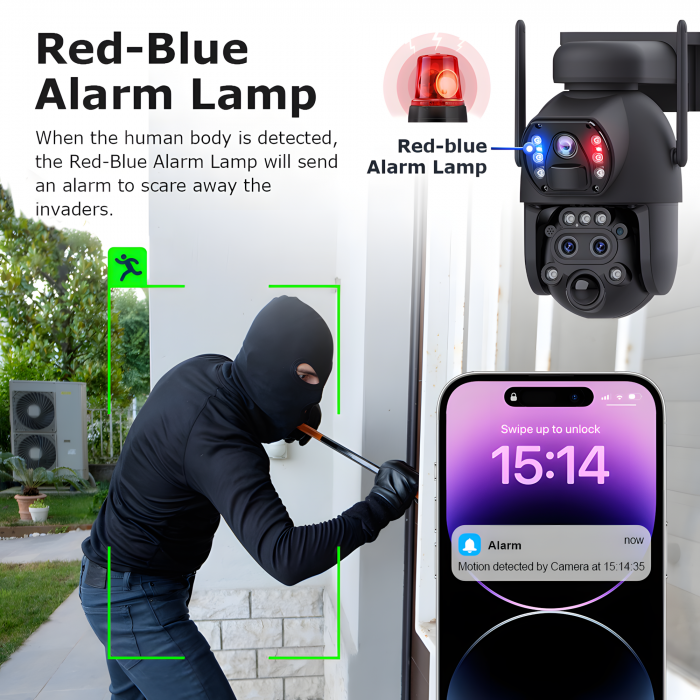 Camera de Supraveghere Solara cu 3 Lentile goBERA®️, Zoom Hibrid 15X, 4G, Panou Solar 6W, Baterie 12000mAh, IR + LED, Viziune Nocturna Color, PTZ 350°/90°, Detectare Umana si Tracking, Audio Bidirecti [5]