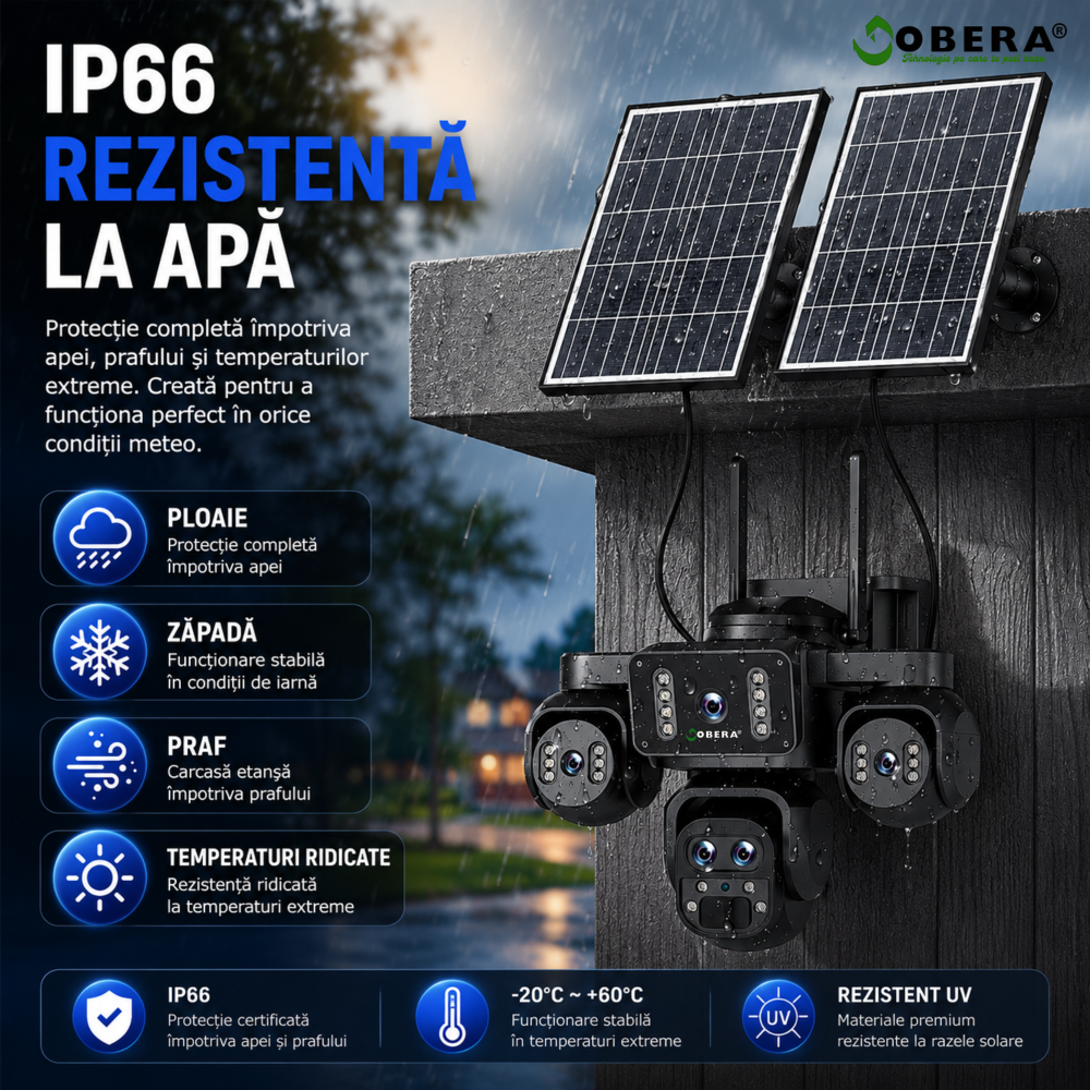 Camera Supraveghere 4G Solara goBERA® 5 Lentile, 4 Canale Simultan, PTZ, Zoom 10X, Detectie Umana AI, Baterie 20100mAh, Night Vision Color, IP66, SIM, Fara WiFi, Audio Bidirectional [14]