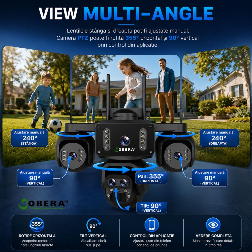 Camera Supraveghere 4G Solara goBERA® 5 Lentile, 4 Canale Simultan, PTZ, Zoom 10X, Detectie Umana AI, Baterie 20100mAh, Night Vision Color, IP66, SIM, Fara WiFi, Audio Bidirectional [15]