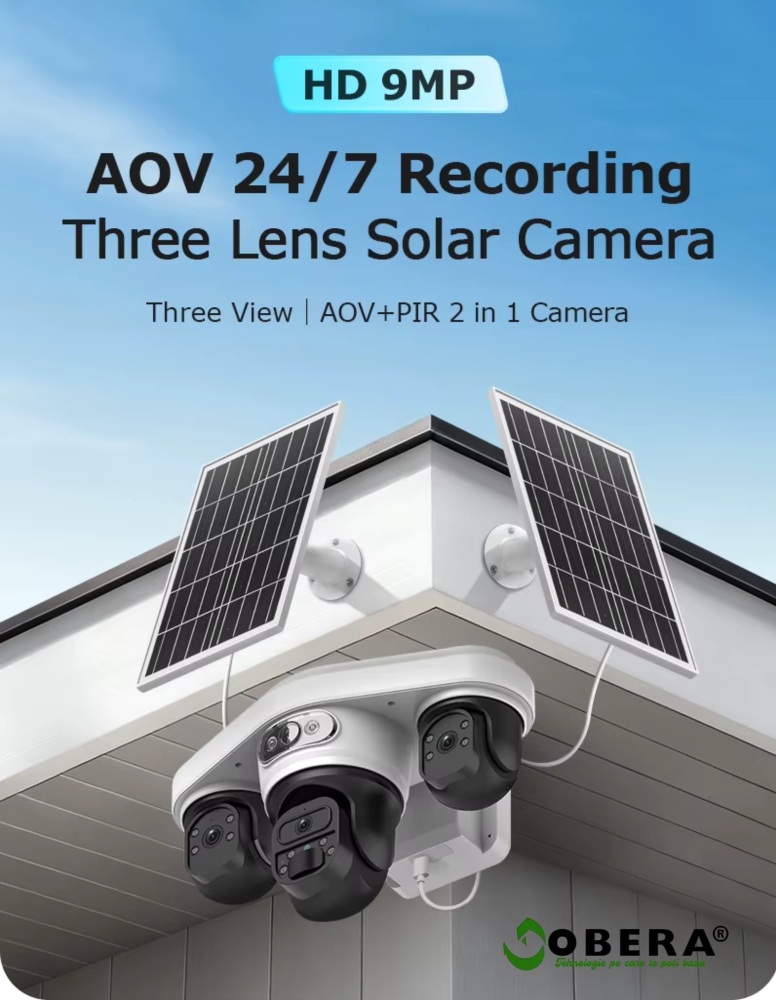 Camera Supraveghere Exterior 4G Solară AOV 3 Lentile goBERA®, AI Detectie Umana, Baterie 20100mAh, IP66, SIM 4G [12]