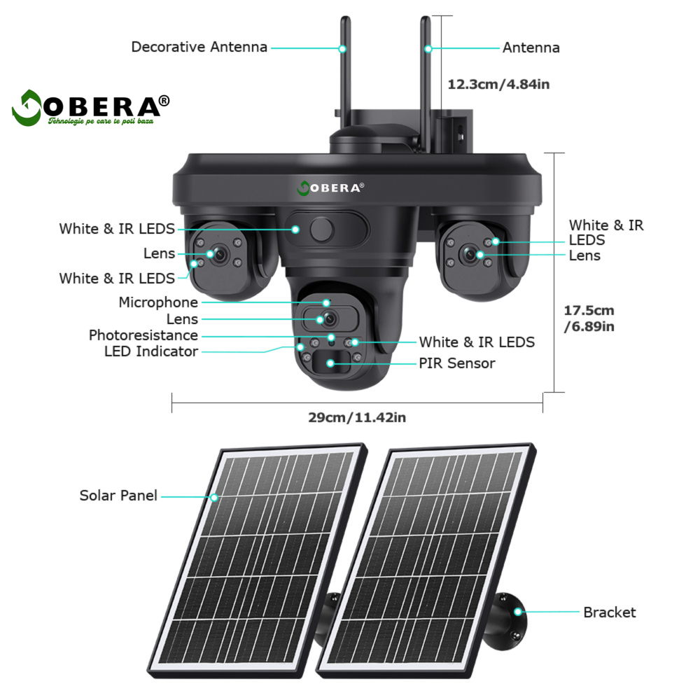 Camera Supraveghere Exterior 4G Solară AOV 3 Lentile goBERA®, AI Detectie Umana, Baterie 20100mAh, IP66, SIM 4G [15]