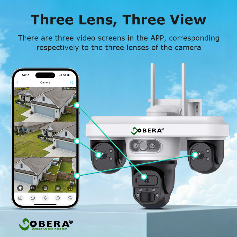 Camera Supraveghere Exterior 4G Solară AOV 3 Lentile goBERA®, AI Detectie Umana, Baterie 20100mAh, IP66, SIM 4G [10]