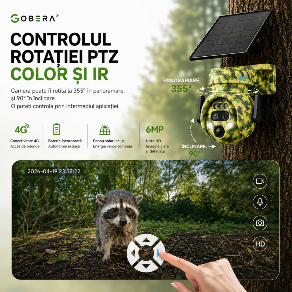 Cameră Supraveghere PTZ Camuflaj 4G cu Panou Solar, 6MP, Zoom Optic 12X, Detectare PIR, Vedere Noapte, Control din Telefon, IP65 [8]