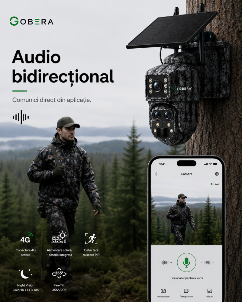 Camera supraveghere solara camuflaj, goBERA®, 6MP, 4G, zoom optic 15X, vedere nocturna color, detectie miscare PIR, audio bidirectional, control rotativ PAN-TILT, aplicatie UBOX, stocare microSD 128GB [5]