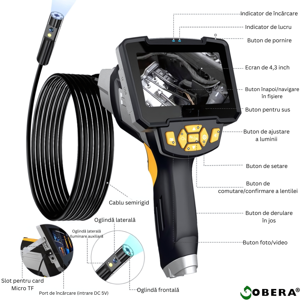 Endoscop industrial cu lentila dubla goBERA®, Camera de inspectie digitala cu cablu de 10 metri, LCD Full HD1920x1080 de 4.3 inchi, 6 lumini LED reglabile, Baterie de 2600mAh, Tub semirigid de 8 mm IP [10]