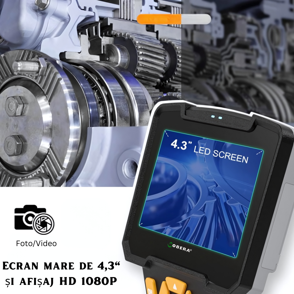 Endoscop industrial cu lentila dubla goBERA®, Camera de inspectie digitala cu cablu de 10 metri, LCD Full HD1920x1080 de 4.3 inchi, 6 lumini LED reglabile, Baterie de 2600mAh, Tub semirigid de 8 mm IP [7]