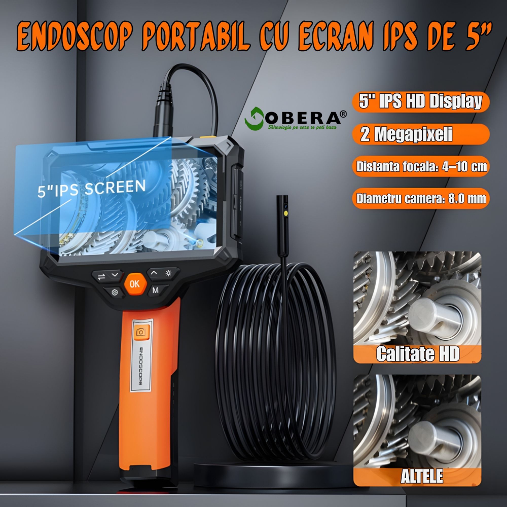 Endoscop industrial profesional goBERA®, Dual Lens, ecran 5" IPS HD 1920P, 2MP, 8+1 LED, IP67 waterproof, baterie 4400mAh, card SD 32GB, compact, portabil, pentru inspecții auto, HVAC și industriale [3]