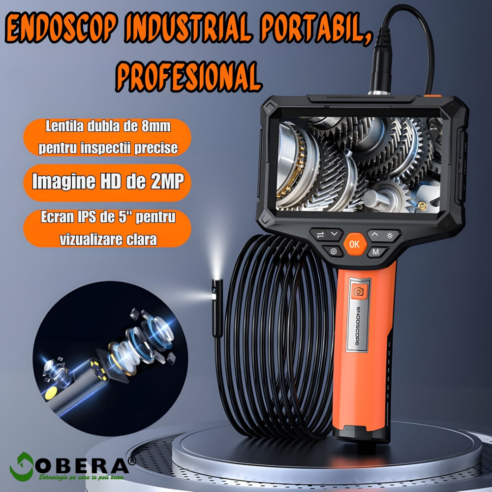 Endoscop industrial profesional goBERA®, Dual Lens, ecran 5" IPS HD 1920P, 2MP, 8+1 LED, IP67 waterproof, baterie 4400mAh, card SD 32GB, compact, portabil, pentru inspecții auto, HVAC și industriale [2]
