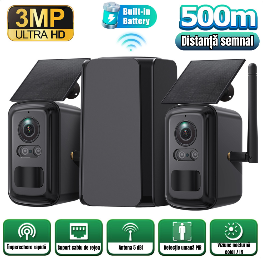 Home Hub Combo Kit + Camere Solare  3MP + 3MP, PIR, Night Vision Dual Mode, WIFI 600m, Cloud & TF Card [1]