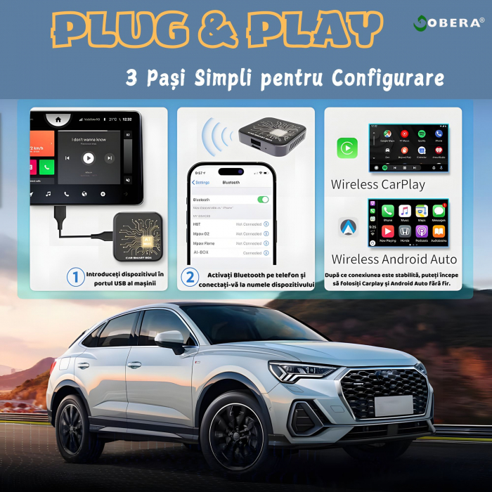 Modul AI Box auto wireless Carplay si Android Auto goBERA® pentru masini cu CarPlay cu fir din fabrica, 2GB/32GB Android 10, Suport Netflix si YouTube, Play Store, Card TF, Plug and Play [8]