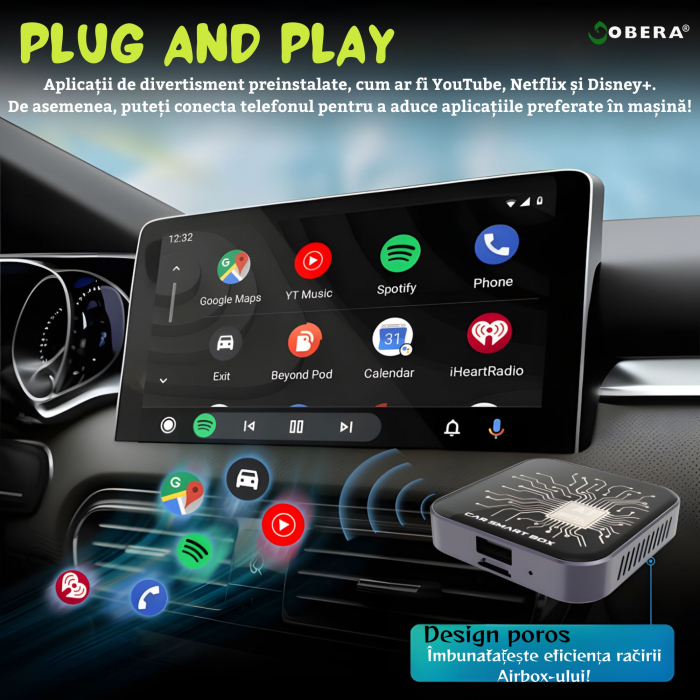 Modul AI Box auto wireless Carplay si Android Auto goBERA® pentru masini cu CarPlay cu fir din fabrica, 2GB/32GB Android 10, Suport Netflix si YouTube, Play Store, Card TF, Plug and Play [7]