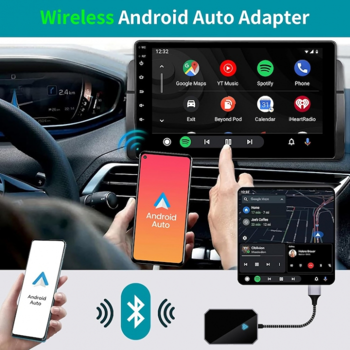 Modul Android Auto Wireless goBERA®, Pentru masini cu Android Auto de fabrica prin cablu, Adaptor Android Auto, WiFi 5Ghz, Bluetooth 5.3, Procesor AI, Compatibil cu Android 11+, Conectare Automata [10]