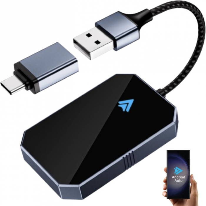Modul Android Auto Wireless goBERA®, Pentru masini cu Android Auto de fabrica prin cablu, Adaptor Android Auto, WiFi 5Ghz, Bluetooth 5.3, Procesor AI, Compatibil cu Android 11+, Conectare Automata [1]