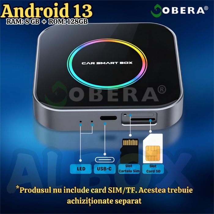 Modul auto AI Box Android 13 goBERA®, Wireless CarPlay&Android Auto, 8GB RAM+128GB, Procesor Octa-Core, Conectivitate 4G, GPS, Split screen, Mirrorlink, Streaming YouTube, Netflix si Aplicatii Google [5]