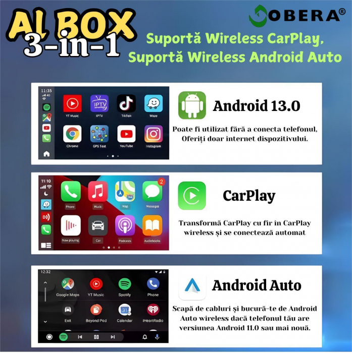 Modul auto AI Box Android 13 goBERA®, Wireless CarPlay&Android Auto, 8GB RAM+128GB, Procesor Octa-Core, Conectivitate 4G, GPS, Split screen, Mirrorlink, Streaming YouTube, Netflix si Aplicatii Google [3]
