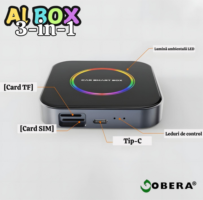 Modul auto AI Box Android 13 goBERA®, Wireless CarPlay&Android Auto, 8GB RAM+128GB, Procesor Octa-Core, Conectivitate 4G, GPS, Split screen, Mirrorlink, Streaming YouTube, Netflix si Aplicatii Google [6]