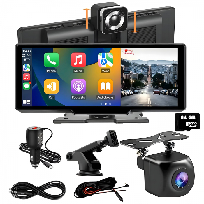 Navigatie auto universala 10.26" goBERA®, Portabila, Apple Carplay si Android Auto wireless, Camera dubla, 4K/1080 Reglabile, Ecran IPS HD full-touch, BT, FM, Split-screen, Card microSD 64GB, Cablu AU [1]