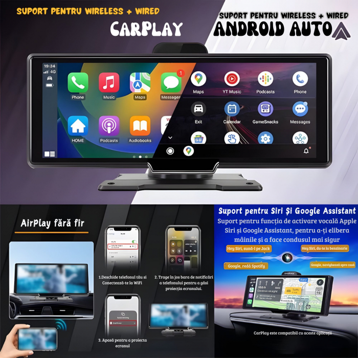 Navigatie auto universala 10.26" goBERA®, Portabila, Apple Carplay si Android Auto wireless, Camera dubla, 4K/1080 Reglabile, Ecran IPS HD full-touch, BT, FM, Split-screen, Card microSD 64GB, Cablu AU [2]