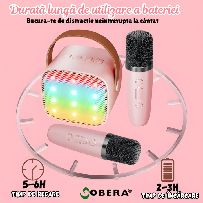 Set 2 microfoane karaoke copii si adulti cu difuzor portabil goBERA®, 4 efecte voce, Sunet Surround 3D, Lumini LED, Pentru Petreceri, Wireless, Bluetooth 5.3, Player MP3, MicroSD card, Type-C, Mov Aux [6]