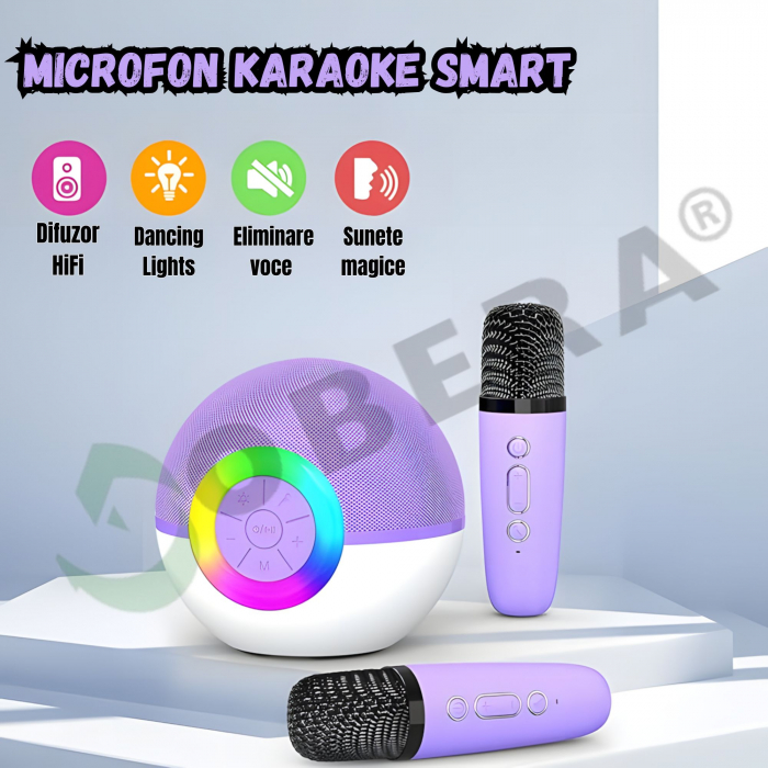Set 2 microfoane karaoke copii si adulti cu difuzor portabil goBERA®, 4 efecte voce, Sunet Surround 3D, Lumini LED, Pentru Petreceri, Wireless, Bluetooth 5.3, Player MP3, MicroSD card, Type-C, Mov Aux [4]