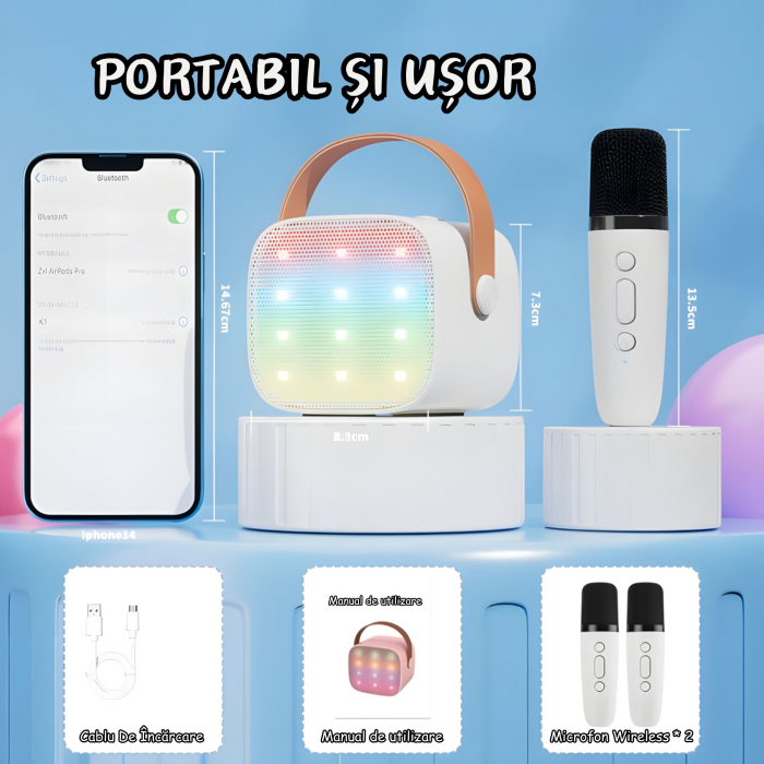 Set 2 microfoane karaoke copii si adulti cu difuzor portabil goBERA®, 4 efecte voce, Sunet Surround 3D, Lumini LED, Pentru Petreceri, Wireless, Bluetooth 5.3, Player MP3, MicroSD card, Type-C, Mov Aux [7]