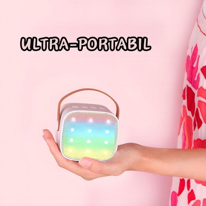 Set 2 microfoane karaoke copii si adulti cu difuzor portabil goBERA®, 4 efecte voce, Sunet Surround 3D, Lumini LED, Pentru Petreceri, Wireless, Bluetooth 5.3, Player MP3, MicroSD card, Type-C, Mov Aux [6]
