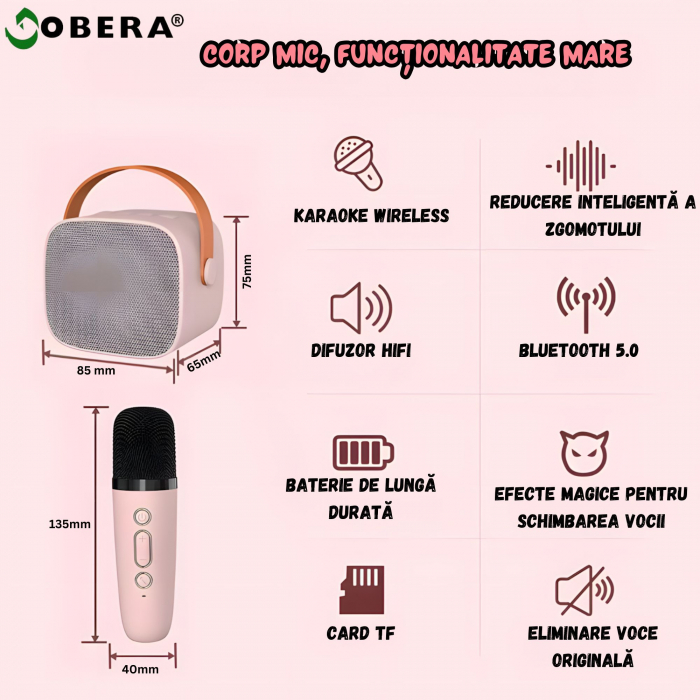 Set 2 microfoane karaoke copii si adulti cu difuzor portabil goBERA®, 4 efecte voce, Sunet Surround 3D, Lumini LED, Pentru Petreceri, Wireless, Bluetooth 5.3, Player MP3, MicroSD card, Type-C, Mov Aux [7]