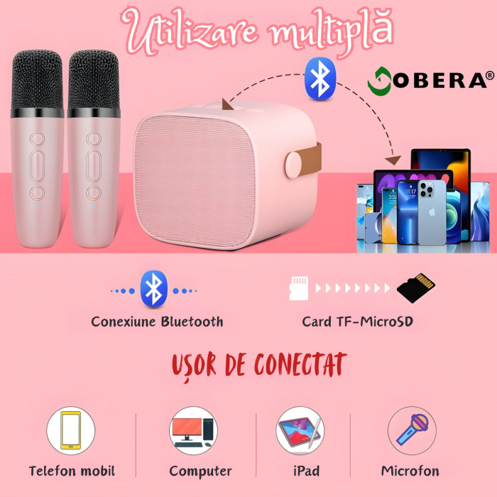 Set 2 microfoane karaoke copii si adulti cu difuzor portabil goBERA®, 4 efecte voce, Sunet Surround 3D, Lumini LED, Pentru Petreceri, Wireless, Bluetooth 5.3, Player MP3, MicroSD card, Type-C, Mov Aux [2]
