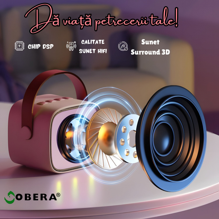Set 2 microfoane karaoke copii si adulti cu difuzor portabil goBERA®, 4 efecte voce, Sunet Surround 3D, Lumini LED, Pentru Petreceri, Wireless, Bluetooth 5.3, Player MP3, MicroSD card, Type-C, Mov Aux [5]