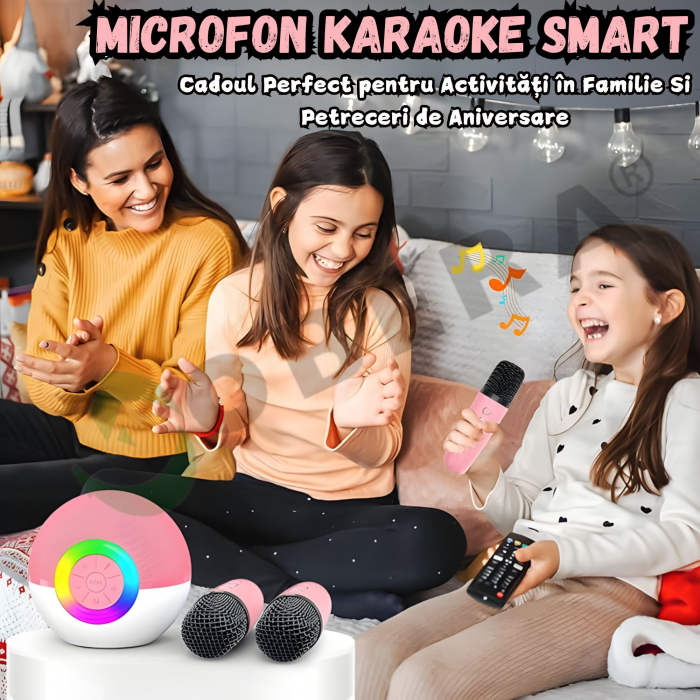 Set 2 microfoane karaoke copii si adulti cu difuzor portabil goBERA®, 4 efecte voce, Sunet Surround 3D, Lumini LED, Pentru Petreceri, Wireless, Bluetooth 5.3, Player MP3, MicroSD card, Type-C, Mov Aux [3]