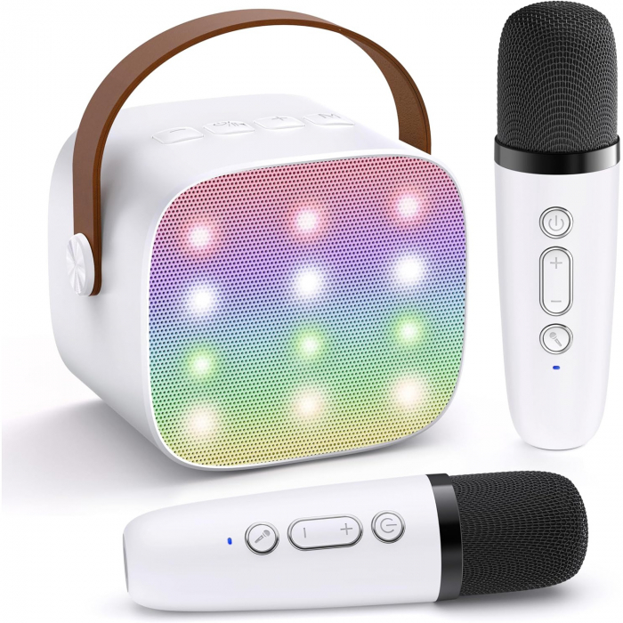 Set 2 microfoane karaoke copii si adulti cu difuzor portabil goBERA®, 4 efecte voce, Sunet Surround 3D, Lumini LED, Pentru Petreceri, Wireless, Bluetooth 5.3, Player MP3, MicroSD card, Type-C, Mov Aux [1]