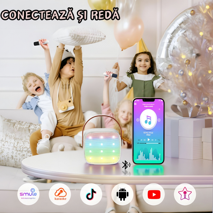 Set 2 microfoane karaoke copii si adulti cu difuzor portabil goBERA®, 4 efecte voce, Sunet Surround 3D, Lumini LED, Pentru Petreceri, Wireless, Bluetooth 5.3, Player MP3, MicroSD card, Type-C, Mov Aux [2]